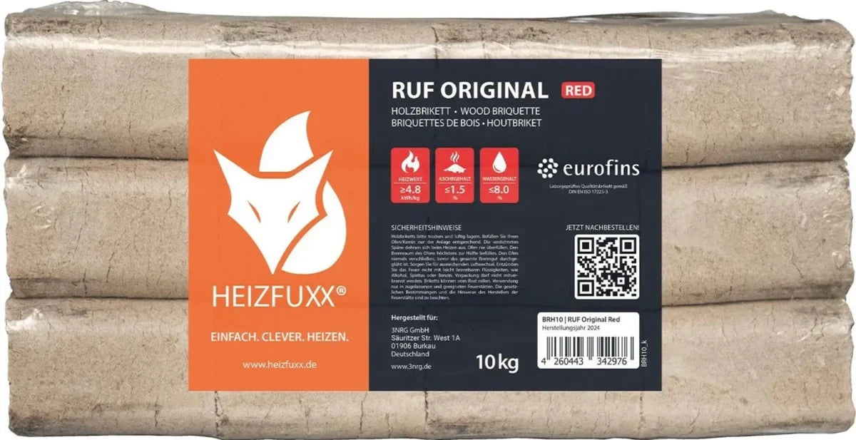 Heizfuxx RUF Original Red Holzbriketts – 300 kg Palette (30 x 10 kg)